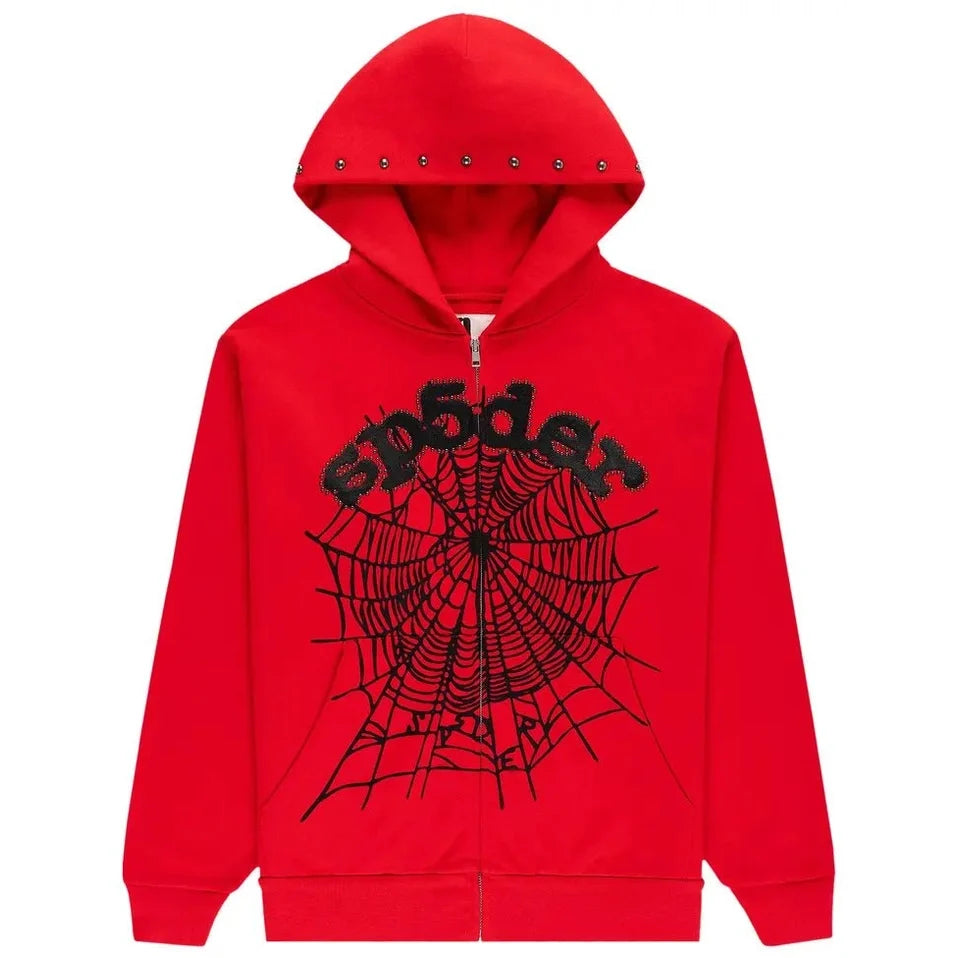 Sp5der OG Web Studded Zip Hoodie Red