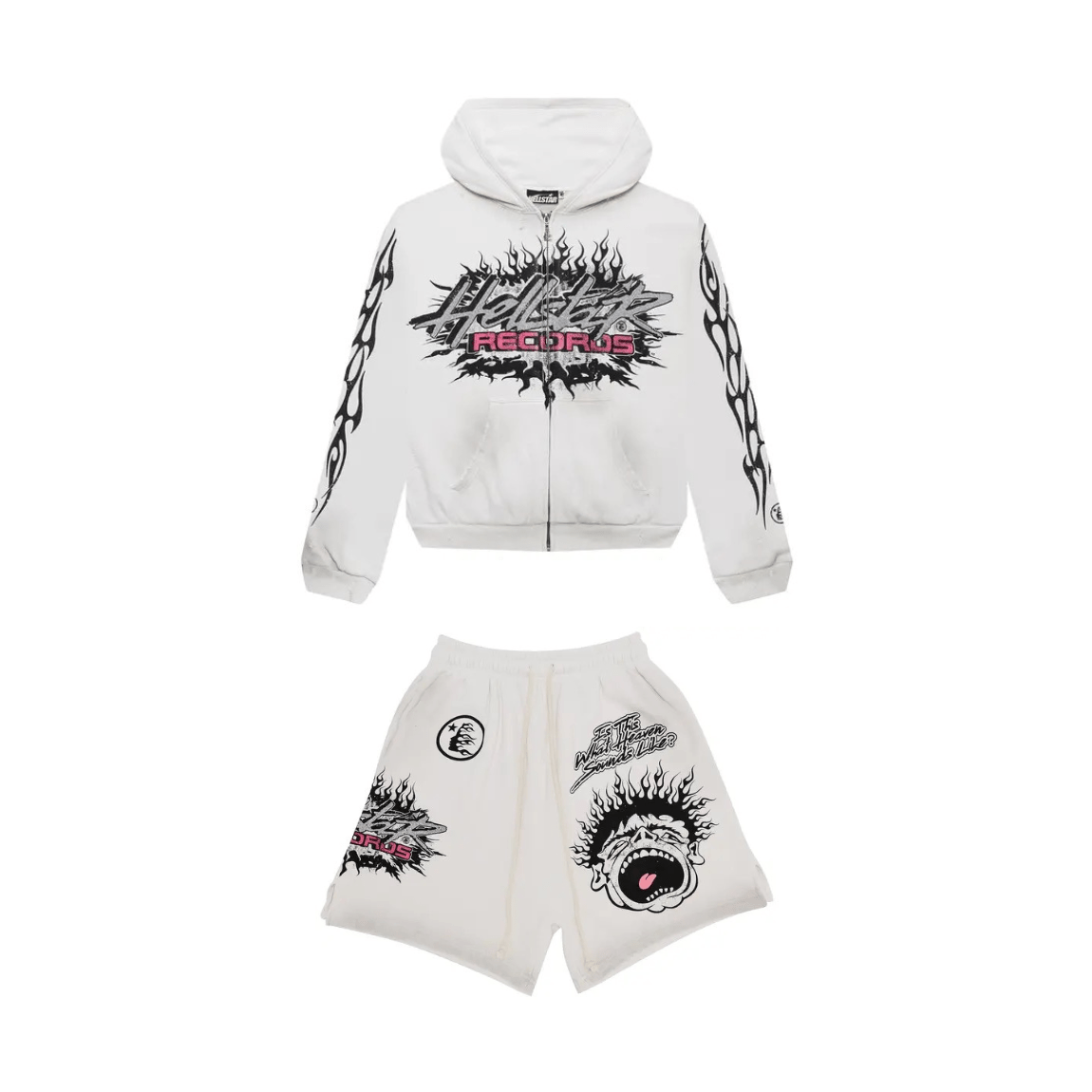 Hellstar Records Glitter Zip Hoodie and Shorts Set White