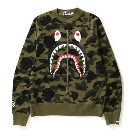 BAPE 1st Camo Printed Zip Shark Crewneck Green