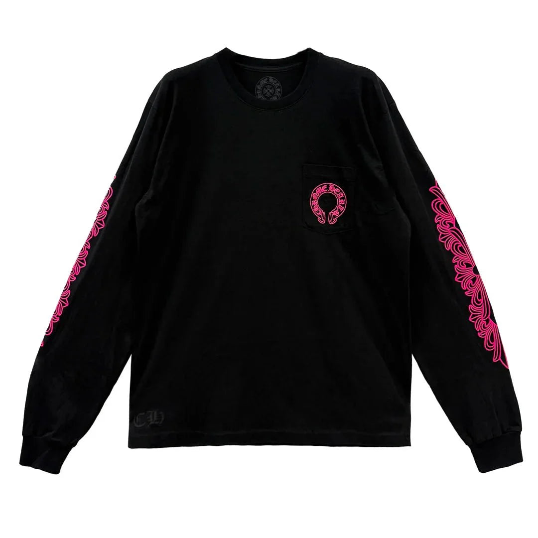 Chrome Hearts PINK HORSESHOE FLORAL LONG SLEEVE T-SHIRT BLACK