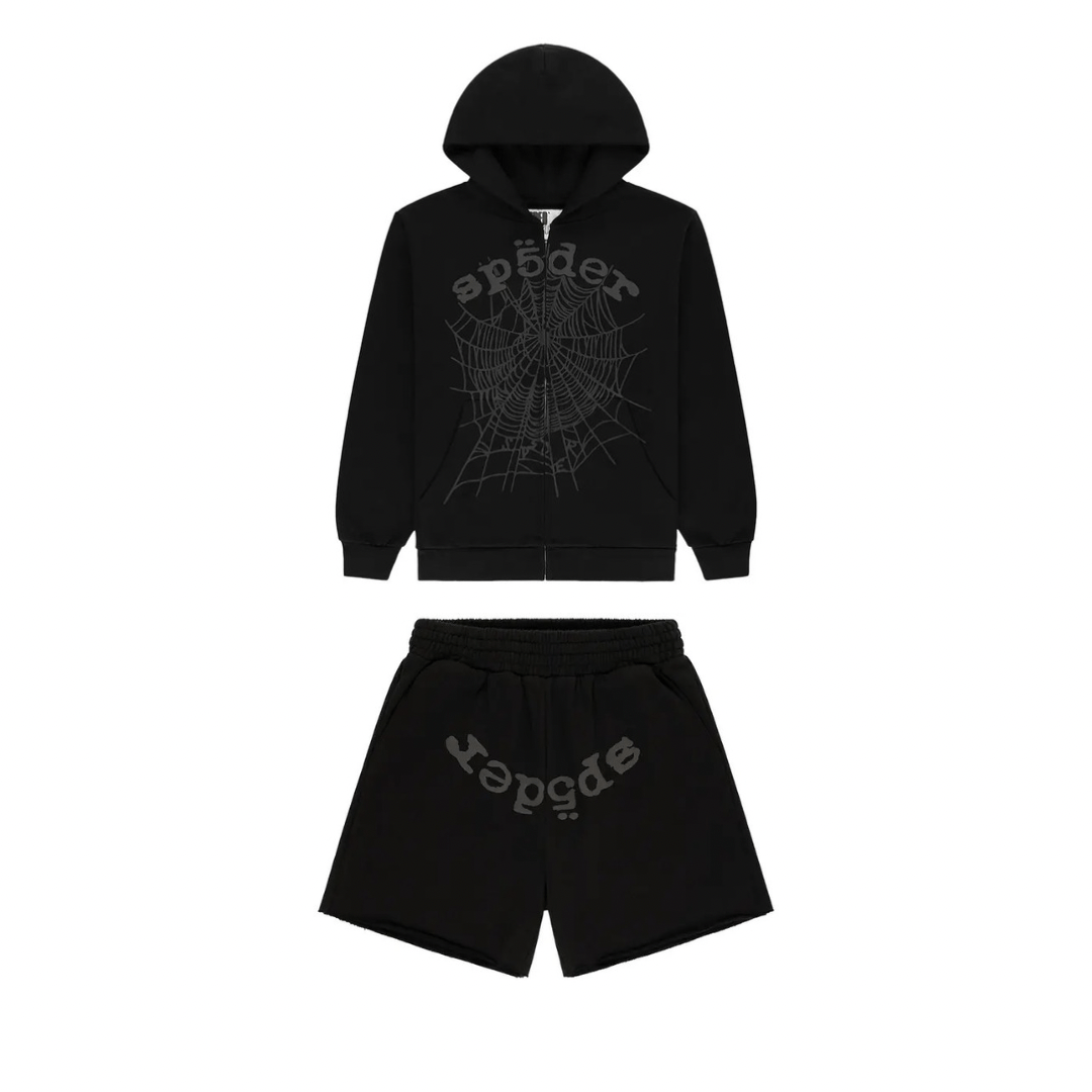 Sp5der OG Web V2 Phantom Zip Hoodie and Shorts Set Black