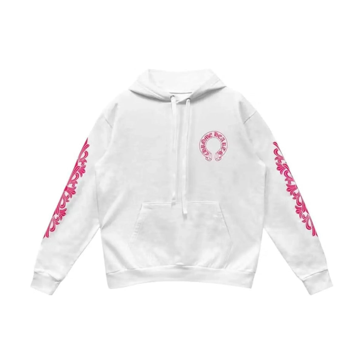 Chrome Hearts Pink Horseshoe Floral Sleeve Pullover Hoodie White