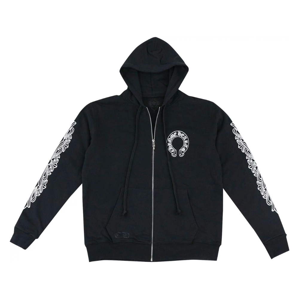 Chrome Hearts Horseshoe Floral Cross Sleeve Zip Up Hoodie Black/White